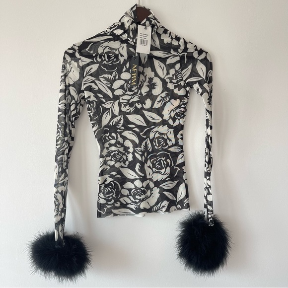 ❌SOLD❌Afrm x Revolve Miki Black Noir Rose Mesh turtleneck top with faux fur cuff - Picture 3 of 12